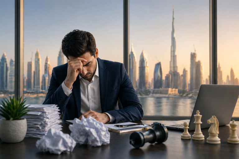 Entrepreneur stressed in office reviewing business documents in Dubai representing common business mistakes in UAE