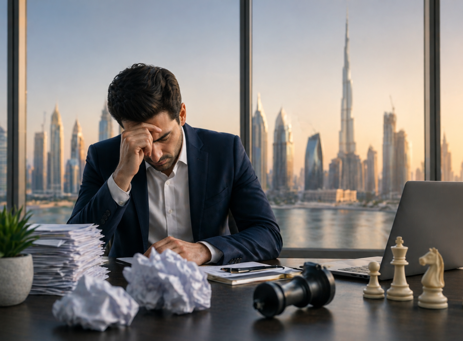 Entrepreneur stressed in office reviewing business documents in Dubai representing common business mistakes in UAE