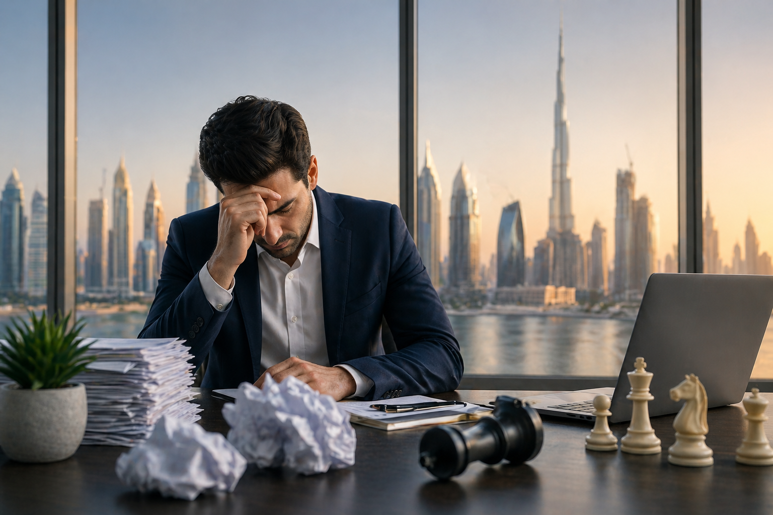 Entrepreneur stressed in office reviewing business documents in Dubai representing common business mistakes in UAE