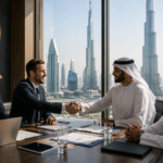 Professional business meeting in Dubai discussing investment opportunities and strategic partnerships