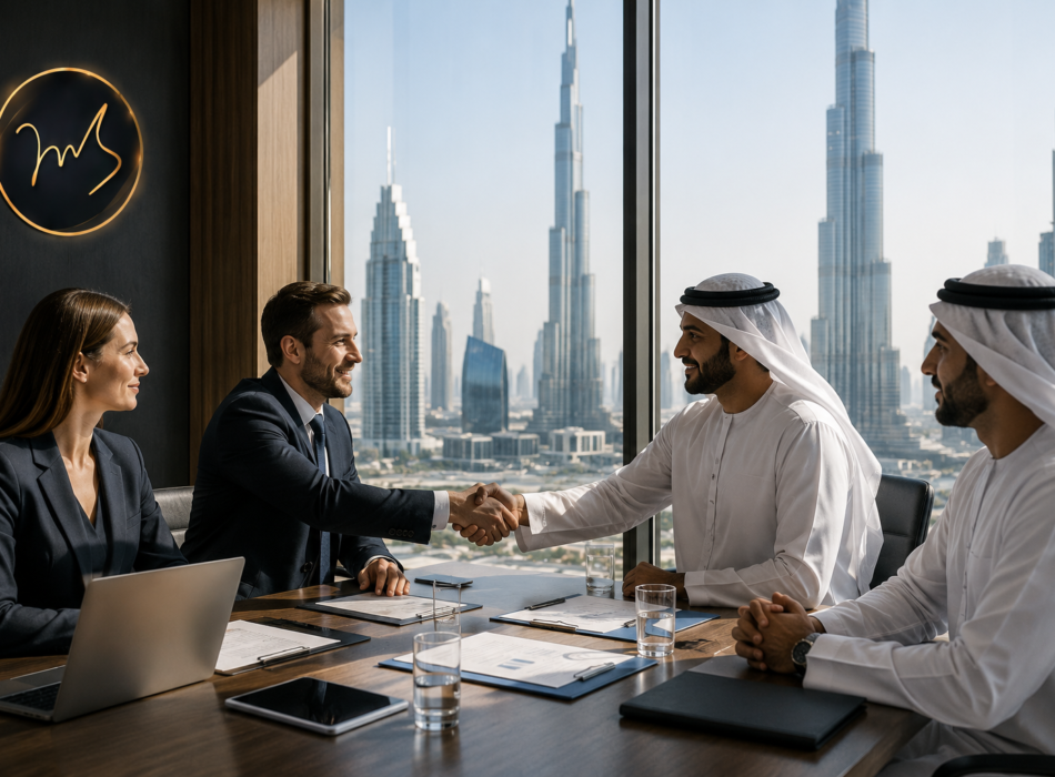 Professional business meeting in Dubai discussing investment opportunities and strategic partnerships