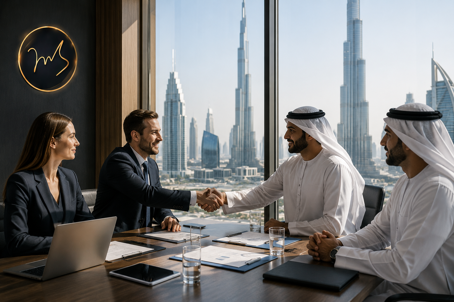 Professional business meeting in Dubai discussing investment opportunities and strategic partnerships