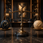 Luxury balance scale in a modern executive office representing private equity and venture capital investment decisions with Mana Global branding.