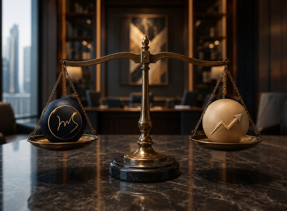 Luxury balance scale in a modern executive office representing private equity and venture capital investment decisions with Mana Global branding.