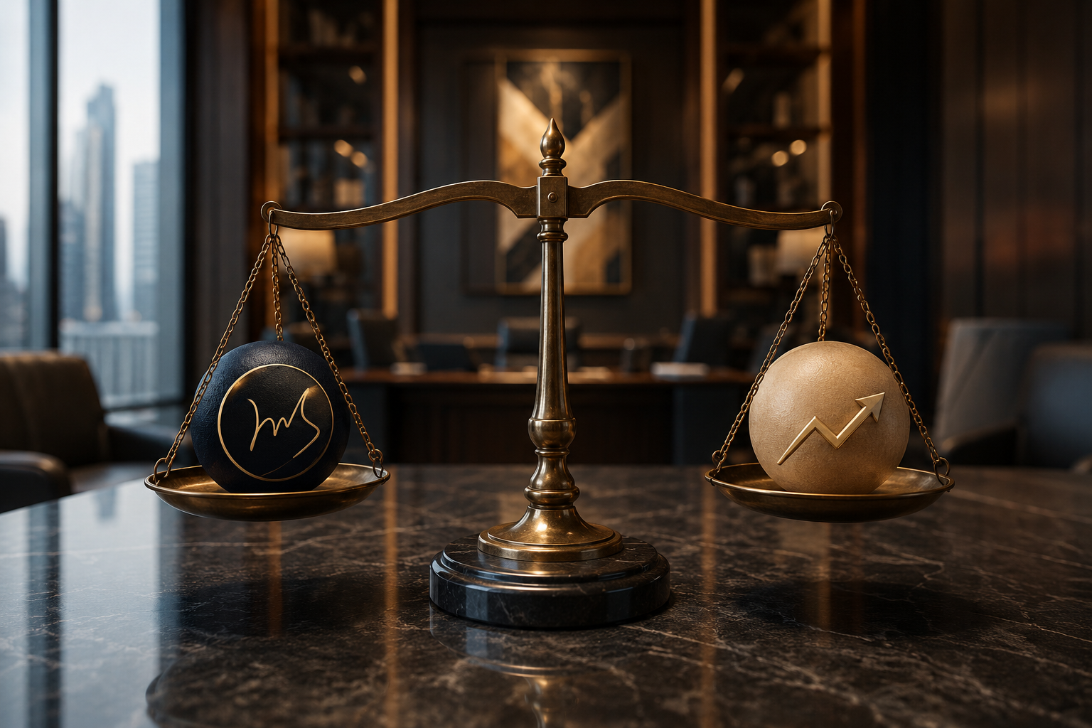Luxury balance scale in a modern executive office representing private equity and venture capital investment decisions with Mana Global branding.