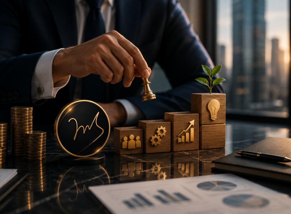 Business executive strategically placing a chess piece beside growth blocks, financial charts, and Mana Global logo in a luxury corporate office setting