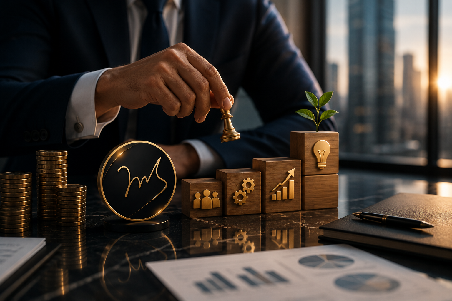 Business executive strategically placing a chess piece beside growth blocks, financial charts, and Mana Global logo in a luxury corporate office setting