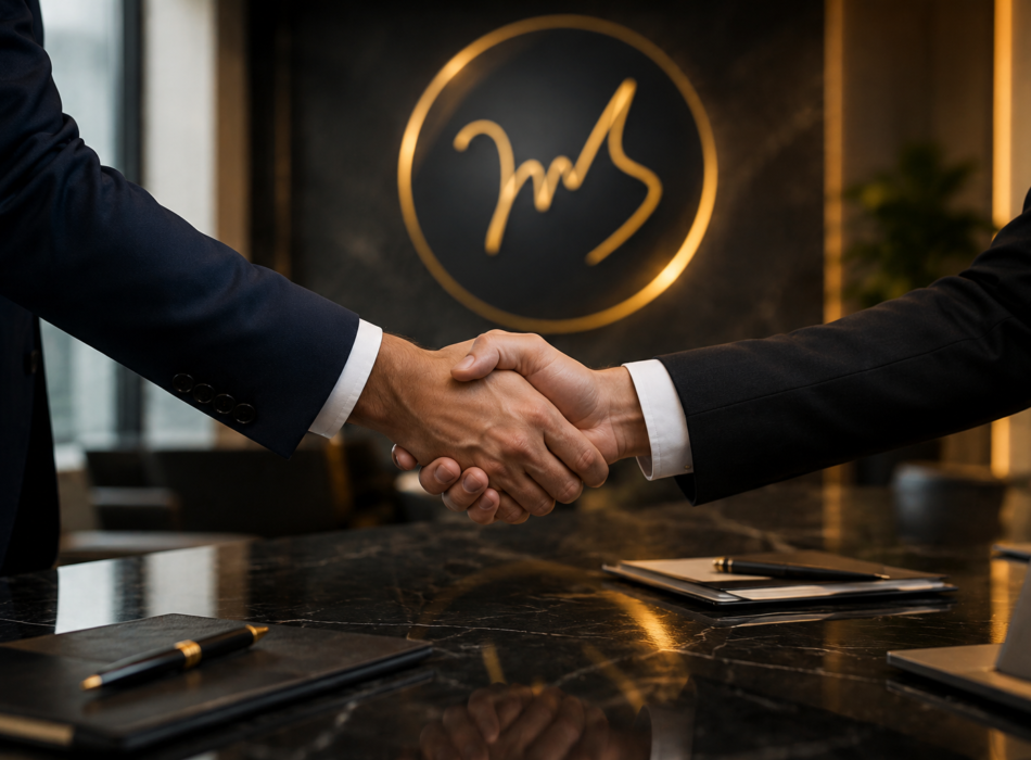 Professional business partnership meeting with corporate handshake and Mana Global branding
