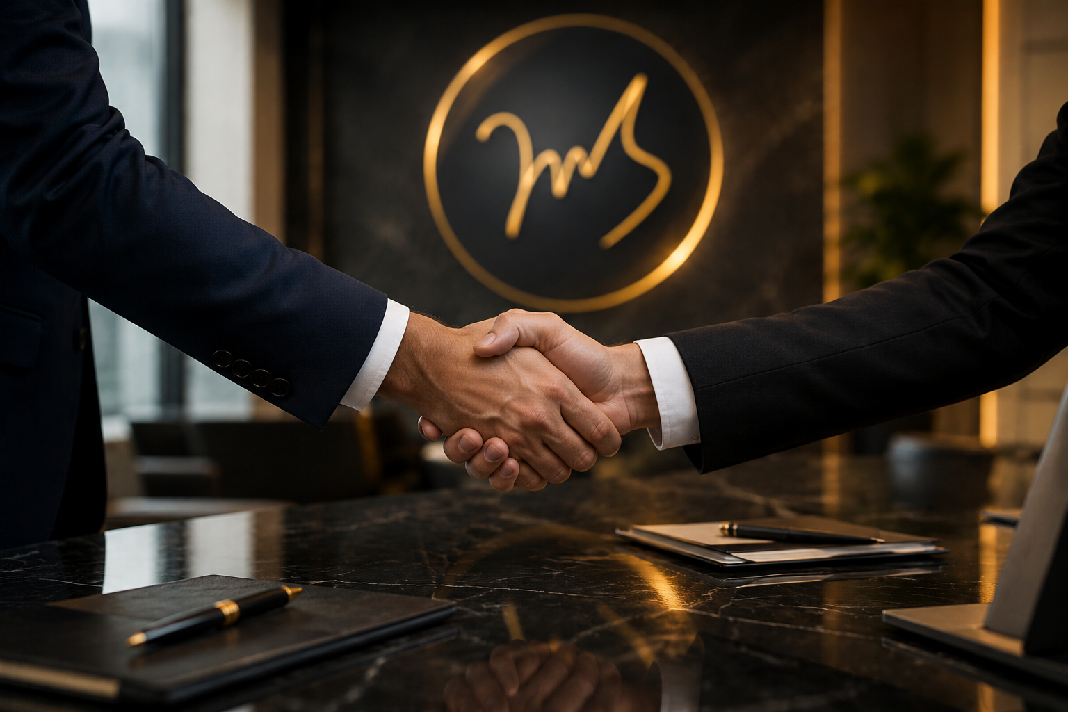 Professional business partnership meeting with corporate handshake and Mana Global branding