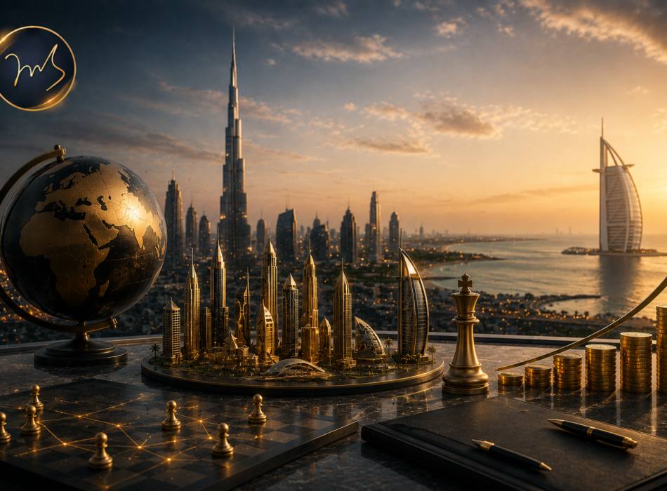Investment opportunities in UAE with Dubai skyline and strategic business growth concept