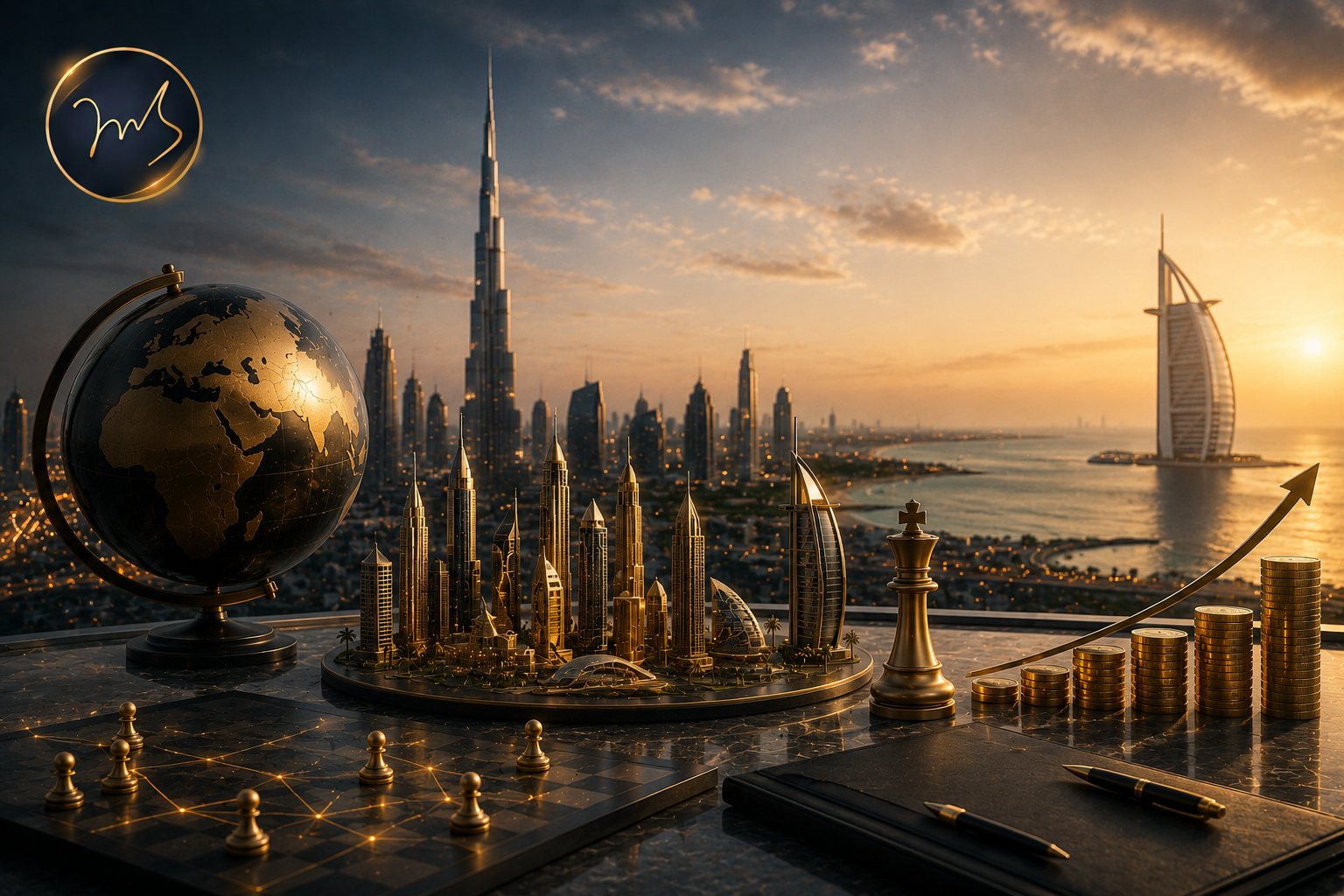 Investment opportunities in UAE with Dubai skyline and strategic business growth concept