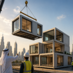 Modern modular building construction in Dubai featuring prefabricated building modules being assembled with cranes against the city's iconic skyline, representing innovation in sustainable and advanced construction.