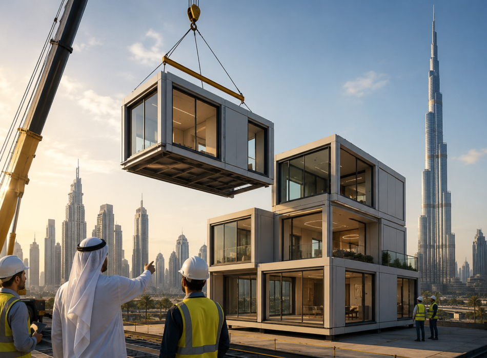 Modern modular building construction in Dubai featuring prefabricated building modules being assembled with cranes against the city's iconic skyline, representing innovation in sustainable and advanced construction.