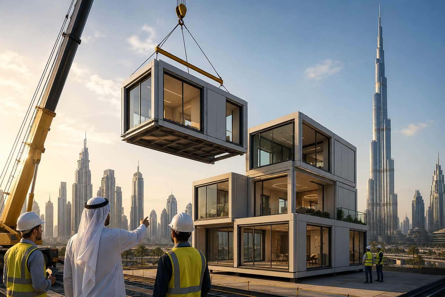 Modern modular building construction in Dubai featuring prefabricated building modules being assembled with cranes against the city's iconic skyline, representing innovation in sustainable and advanced construction.