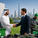 Officials and recycling professionals at a modern e-waste recycling facility in Dubai, highlighting a new partnership to enhance electronic waste collection, sustainable recycling, and environmental conservation.
