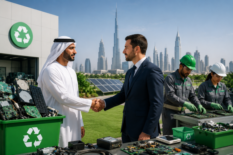 Officials and recycling professionals at a modern e-waste recycling facility in Dubai, highlighting a new partnership to enhance electronic waste collection, sustainable recycling, and environmental conservation.