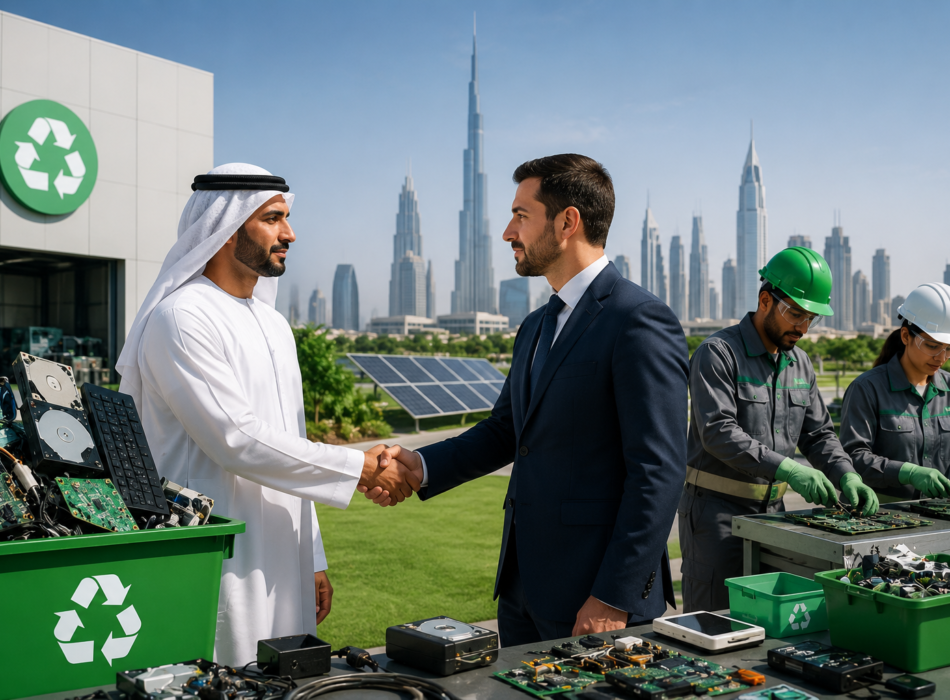 Officials and recycling professionals at a modern e-waste recycling facility in Dubai, highlighting a new partnership to enhance electronic waste collection, sustainable recycling, and environmental conservation.