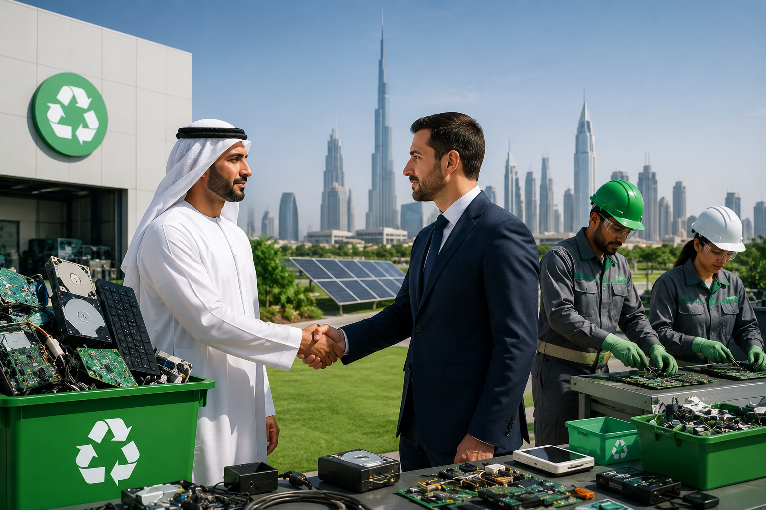 Officials and recycling professionals at a modern e-waste recycling facility in Dubai, highlighting a new partnership to enhance electronic waste collection, sustainable recycling, and environmental conservation.