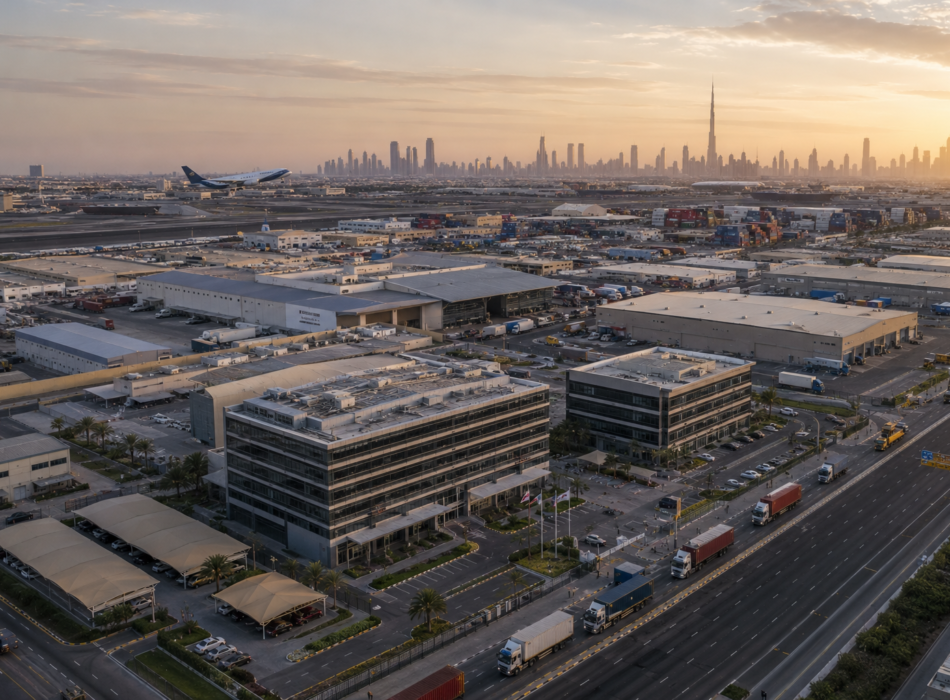 Aerial view of a large-scale logistics and commercial ecosystem in Dubai featuring warehouses, cargo transport, modern infrastructure, and business expansion at sunset.