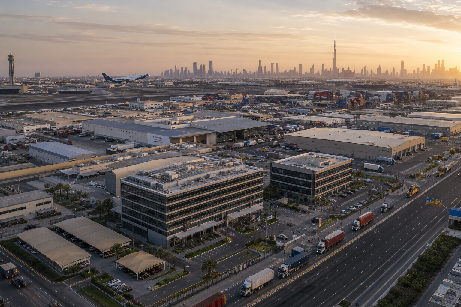 Aerial view of a large-scale logistics and commercial ecosystem in Dubai featuring warehouses, cargo transport, modern infrastructure, and business expansion at sunset.