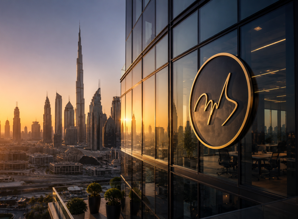 Luxury corporate headquarters overlooking the Dubai skyline at golden hour with Mana Global branding integrated on a premium marble wall.