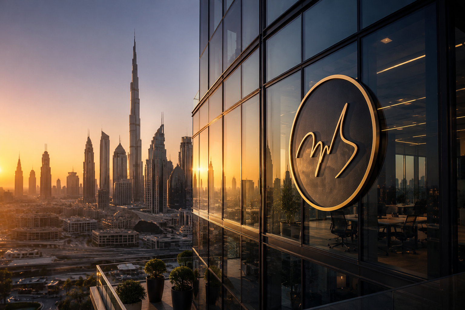 Luxury corporate headquarters overlooking the Dubai skyline at golden hour with Mana Global branding integrated on a premium marble wall.