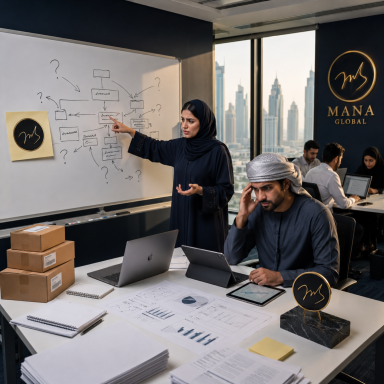 Business team analyzing growth challenges in a Dubai office with Mana Global branding and strategic planning discussion