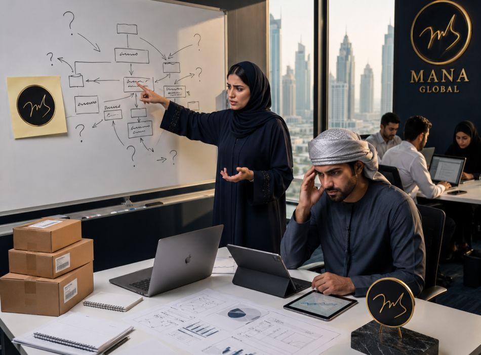 Business team analyzing growth challenges in a Dubai office with Mana Global branding and strategic planning discussion